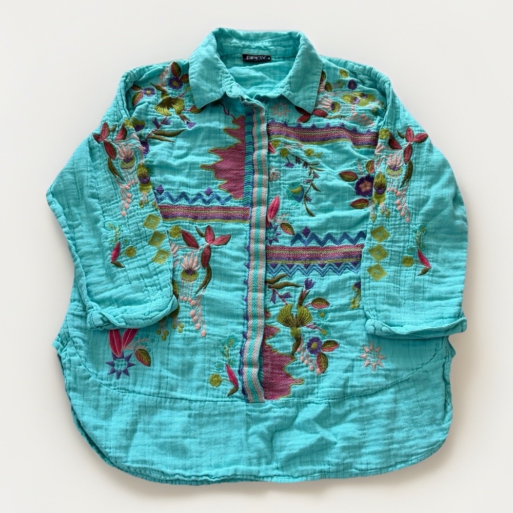 APNY Embroidered Tunic Top Women S Boho Cotton Gauze Floral Lightweight Artsy